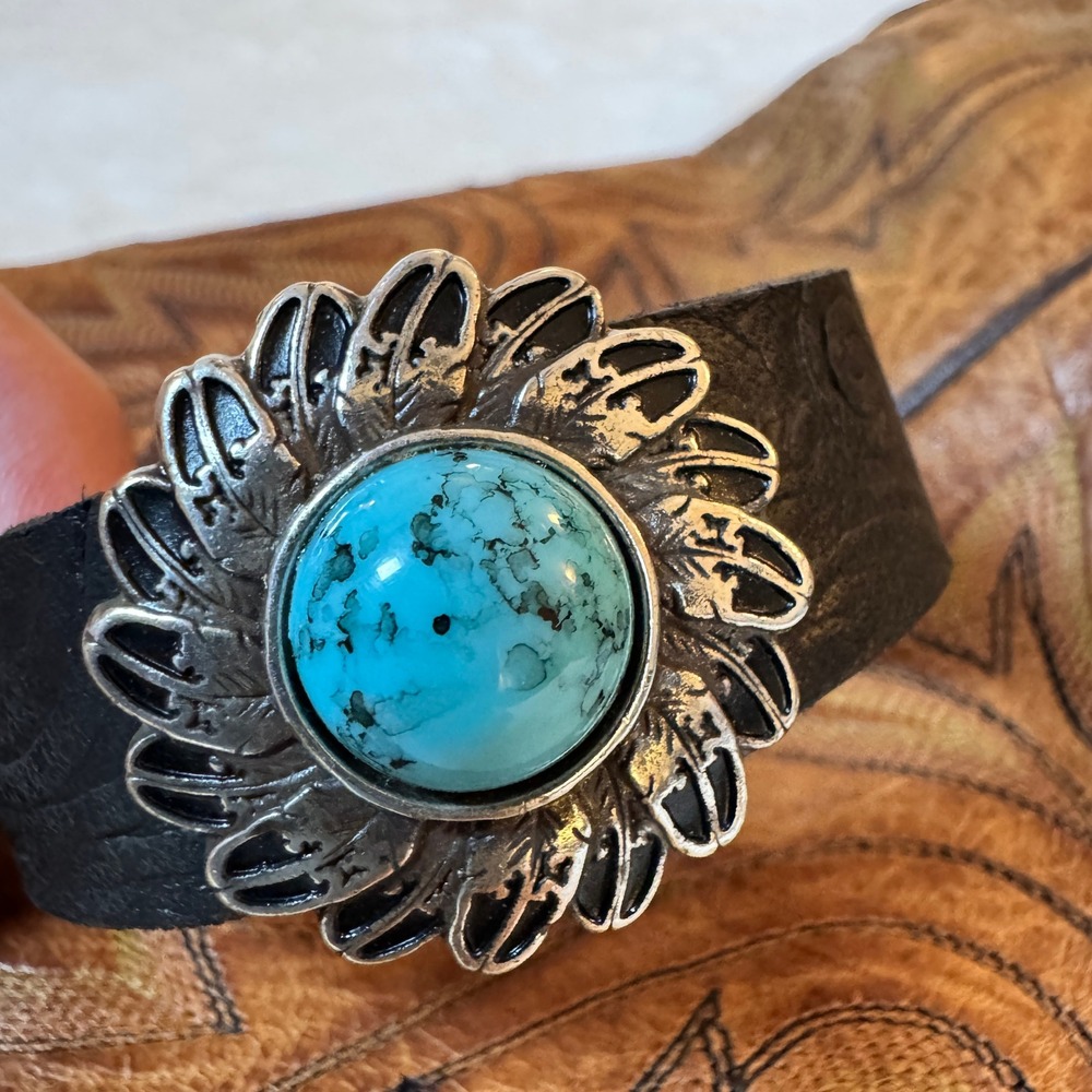 Cuff Bracelet Women OS Black Faux Leather Turquoise Sunflower Concho